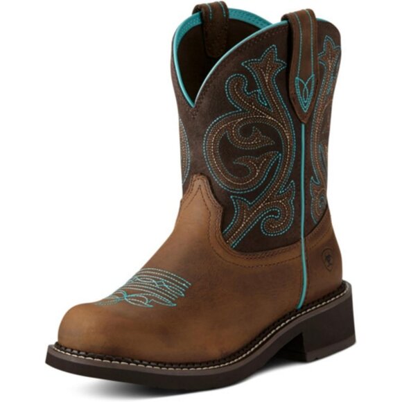 Womens Heritage Embroidered Round Toe Pull On Casual Brown Boots Ankle Low Heel - Picture 1 of 5